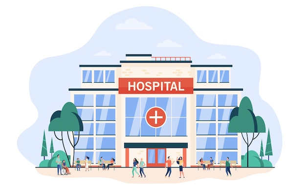 people walking sitting hospital building city clinic glass exterior flat vector illustration medical help emergency architecture healthcare concept 74855 10130